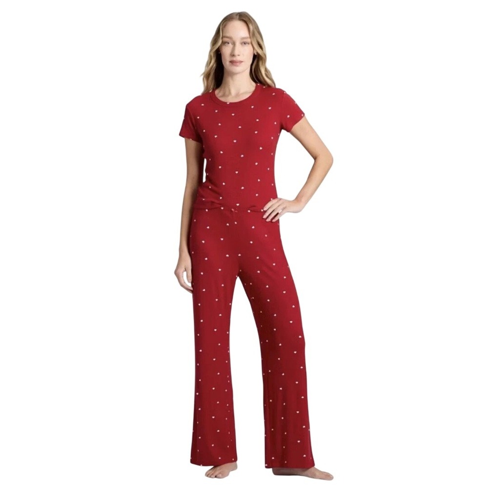 Auden Women's Red Heart Print Cozy Pointelle Short Sleeve 2pc Pajama Set Size XL